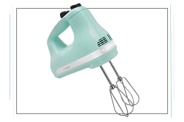 An image of a teal hand mixer