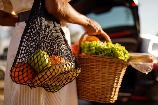 An image of a woman holding a basket of vegetables with a mesh bag of fruit over her shoulder