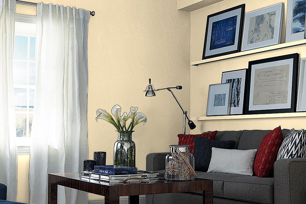 An image of a living room with a grey couch, coffee table and shelves with picture frames on them