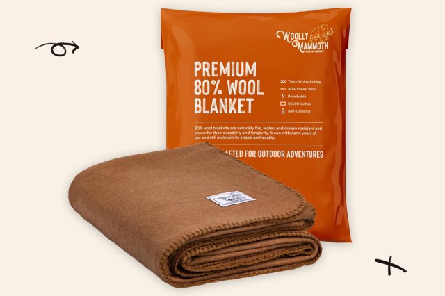 An image of a brown wool blanket and its orange packaging 