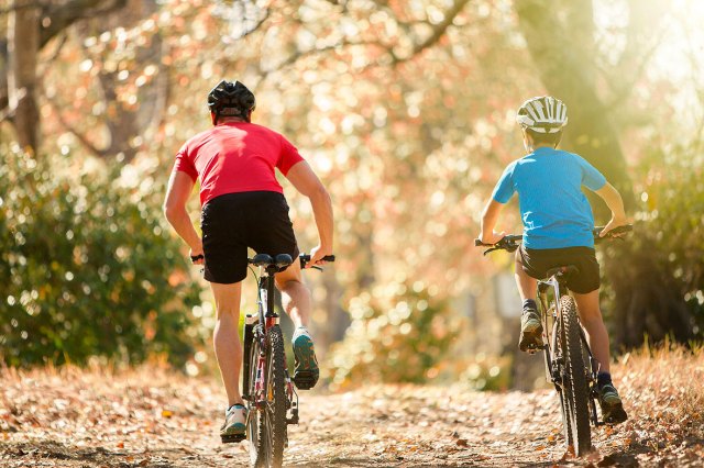 An image of two people biking through the woods