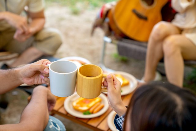 An image of two people toasting coffee mugs