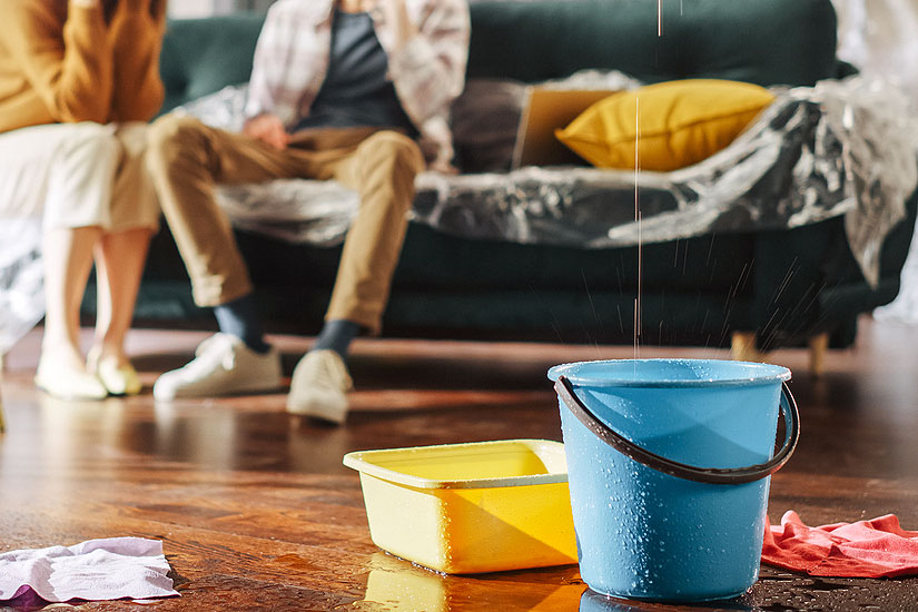 An image of water dripping into a blue bucket in a living room