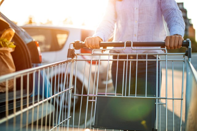 An image of a person pushing a shopping cart in a parking lot