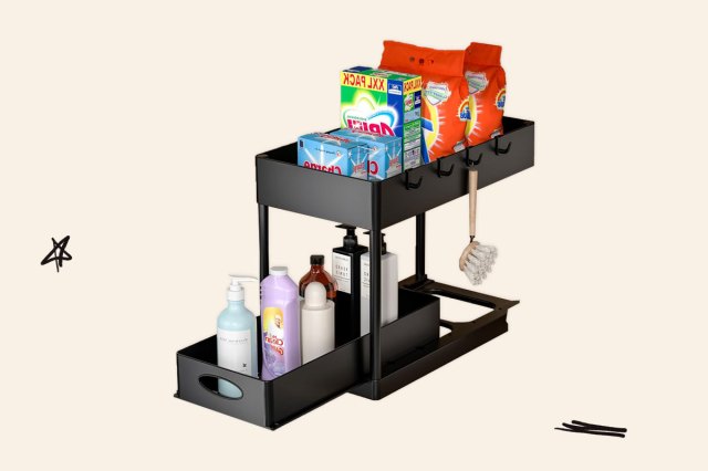 An image of a plastic under-sink organizer with sliding drawer